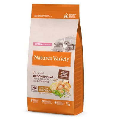Nature's Variety kattmat för kattungar (0–12 månader), urbenat kött, utan spannmål, med kyckling och ärtor, 7 kg förpackning.