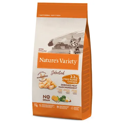 Nature's Variety Selected kissanruoka pennuille (1–12 kk), 7 kg, pääraaka-aineena 2,2 kg vapaankanan kanaa, viljaton, taattu alkuperä, helposti uudelleensuljettava.