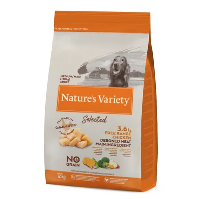 Nature’s Variety Selected hundefoder, 12 kg. Tekst: 3,6 kg free range chicken deboned meat main ingredient, no grain, medium/maxi (+10 kg) adult, traceability guaranteed.