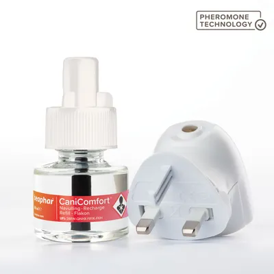 CaniComfort refill bottle and plug-in diffuser with visible pheromone technology label, showing product components for use in calming diffusers.