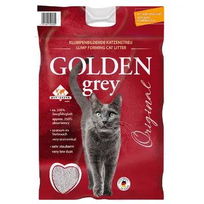 Golden Grey Original paakkuuntuva kissanhiekka vauvantalkin tuoksulla, noin 350 % imukyky, riittoisa, erittäin vähäpölyinen.