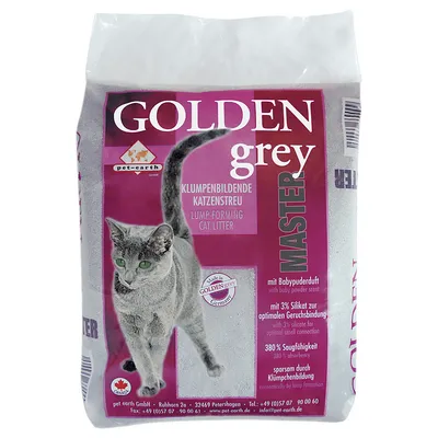 Golden Grey Master klumpbildande kattsand med babypuderdoft, 3% silikat för luktbindning, 380% uppsugningsförmåga, ekonomisk tack vare klumpbildning. Tillverkad i Tyskland.