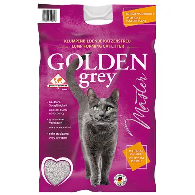 Golden Grey Master lettiera agglomerante per gatti con profumo di talco, assorbenza circa 350%, economica, molto povera di polvere, con minerali igienici, prodotta in Germania.