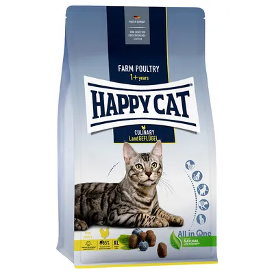 Happy Cat Culinary Land-Geflügel, kuivaruoka kissoille yli 1-vuotiaille. Valmistettu Saksassa, ilman säilöntäaineita, 85 % eläinproteiinia, XL-nappulat, Natural Life Concept.