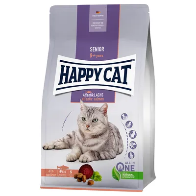 Happy Cat Senior 8+ years, Atlantik Lachs atlantic salmon. Tørfoder til kat med billede af grå kat og foderpiller på posen. Natural Life Concept synligt.
