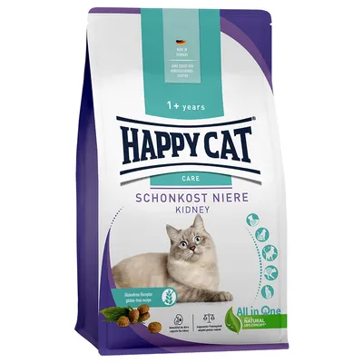 Happy Cat Care Schonkost Niere Kidney, bezglutenowa receptura, wspiera nerki, dostosowane białko, Made in Germany, bez konserwantów, dla kotów od 1 roku.