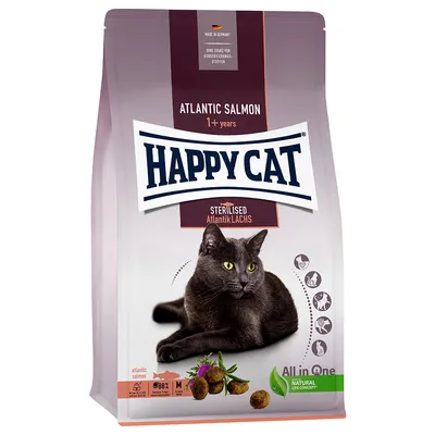 Sac de croquettes Happy Cat Atlantic Salmon pour chats stérilisés, 1+ ans, mention Sterilised Atlantik Lachs, image d’un chat noir, icônes usages, texte All in One Natural Life Concept.