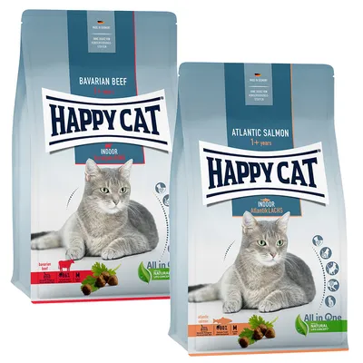 Blandpack: Happy Cat Indoor 2 x 4 kg Bavarian Beef, Atlantic Salmon