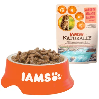 IAMS Naturally консервирана храна с атлантическа сьомга в сос, 85g. 100% пълноценна храна с натурални съставки. Показана храна в оранжева купа.