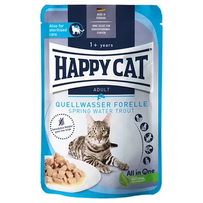 Happy Cat Adult Quellwasser Forelle, wyprodukowana w Niemczech, dla kotów sterylizowanych, bezzbożowa receptura, bez konserwantów, All in One Natural Life Concept.