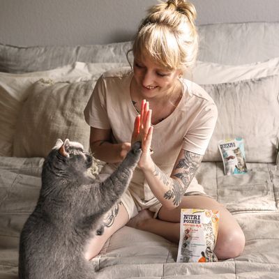 Grijze kat geeft poot aan persoon op bed, met twee zakjes Vitakraft Cat Nutri Pockets kattensnacks zichtbaar op de achtergrond en voorgrond.