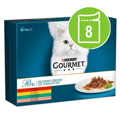 Purina Gourmet Perle cat food, 8 x 85g packs. Visible text: Erlesene Streifen, Les Aiguillettes. Green icon with number 8. Flavours listed in German and French. Purina Gourmet Perle cat food, 8 x 85g packs. Visible text: Erlesene Streifen, Les Aiguillettes. Green icon with number 8. Flavours listed in German and French.