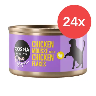 Cosma Duo Layer Chicken Mousse mit Hühnerflocken, 24x Dose, lila Verpackung mit Silhouette einer Katze und gelbem Hühnchen-Symbol.