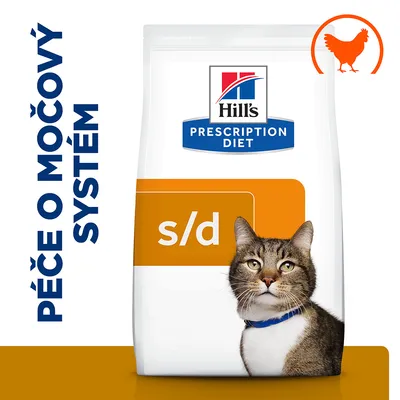 Hill's Prescription Diet s/d pro kočky, péče o močový systém, oranžová slepičí ikona, balení se zobrazením kočky.