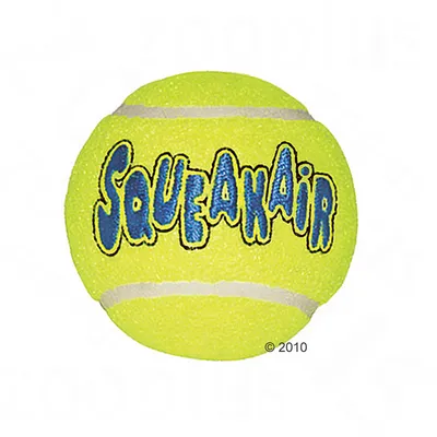 Balle de jeu jaune avec l’inscription visible « SQUEAKAIR » en bleu sur la surface.