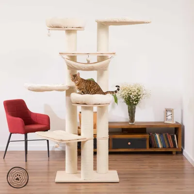 Kratzbaum mit mehreren Ebenen, Sisalstämmen und gepolsterten Liegeflächen. Bengal-Katze sitzt auf einer Plattform. Hintergrund zeigt Möbel und Dekoration.