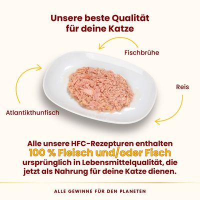 Unsere beste Qualität für Katzen: Atlantikthunfisch, Reis und Fischbrühe. HFC-Rezepturen mit 100% Fleisch oder Fisch in Lebensmittelqualität als Katzennahrung.