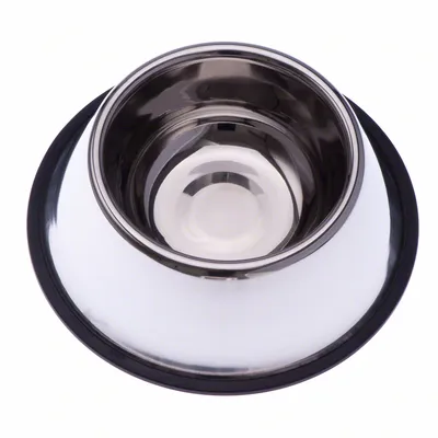 Ruostumattomasta teräksestä valmistettu ruokakuppi, liukumaton kumirengas, sopii ruoalle tai vedelle. Ruostumattomasta teräksestä valmistettu ruokakuppi, liukumaton kumirengas, sopii ruoalle tai vedelle.