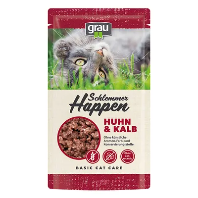 Confezione di cibo per gatti grau Schlemmer Happen Huhn & Kalb. Testo visibile: Ohne künstliche Aromen, Farb- und Konservierungsstoffe, Ohne Gentechnik, Basic Cat Care.