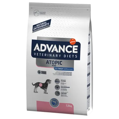 Pakiranje Advance Veterinary Diets Atopic Mini with Trout, 7,5 kg. Vidljiv pas, tekst: reduces itching, restores skin barrier, atopy crisis control, with natural antioxidants.