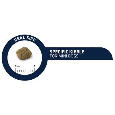 Brokgrootte met liniaal, tekst: REAL SIZE, SPECIFIC KIBBLE FOR MINI DOGS, schaalverdeling 0–1 cm zichtbaar.