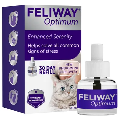 Feliway Optimum 30 day refill, enhanced serenity, helps solve all common signs of stress, new pheromone discovery, veterinary recommended, 48ml bottle shown.