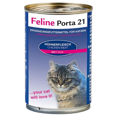 Feline Porta 21 kattemad dåse, Hühnerfleisch Chicken Meat pur/pure. Tekst: Ergänzungsfuttermittel für Katzen, Complementary food for cats, ...your cat will love it! Billede af kat.