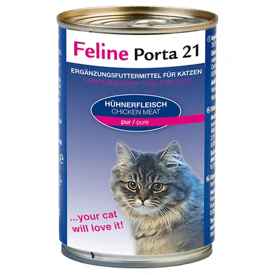 Feline Porta 21 kattemad dåse, Hühnerfleisch Chicken Meat pur/pure. Tekst: Ergänzungsfuttermittel für Katzen, Complementary food for cats, ...your cat will love it! Billede af kat.