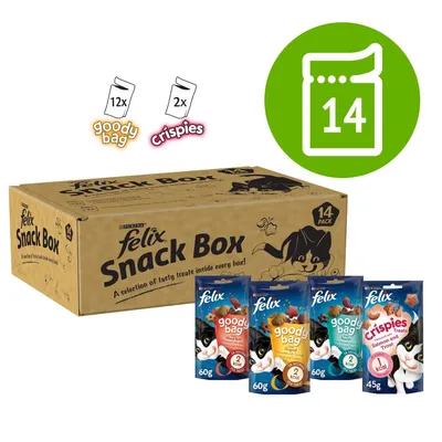 Felix Snack Box containing 14 packs: 12 goody bag treats and 2 crispies treats. Image shows four different treat pouches included in the box.
