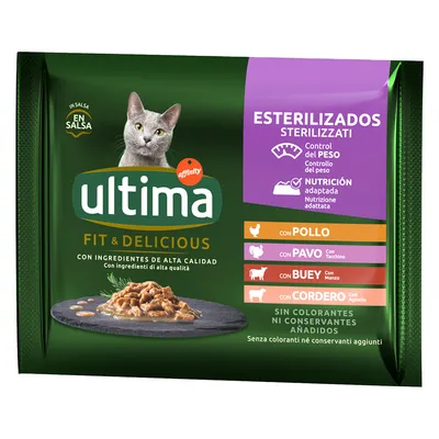 Ultima Fit & Delicious стерилизирани котки, с пилешко, пуешко, говеждо и агнешко. Контрол на теглото, адаптирано хранене. Без оцветители и консерванти.