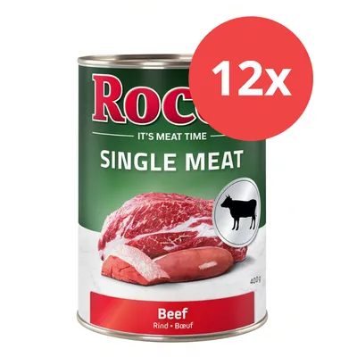 Rocco Single Meat Rind, 400g Dose, 12x Packung. Fleischabbildung und Symbol einer Kuh sichtbar.