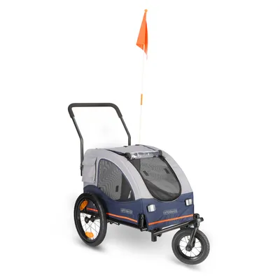 Hafenbande cykelvagn för husdjur, blå-grå med nätfönster, orange säkerhetsflagga och tre hjul.
