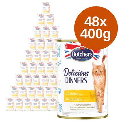 Butcher's Delicious Dinners z kurczakiem w galarecie, 48 puszek po 400 g. Na opakowaniu widoczny kot i tekst: natural ingredients with added vitamins & minerals.