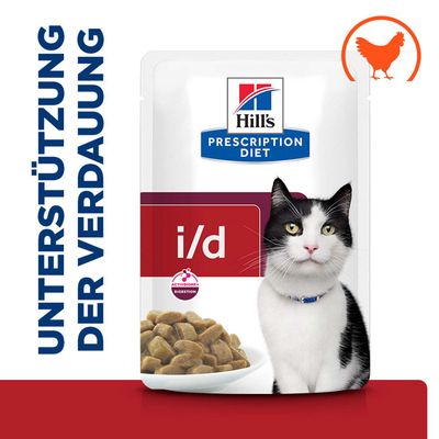 Hill's Prescription Diet i/d au poulet, soutien de la digestion, illustration d'un chat et d'une gamelle avec de l'aliment.