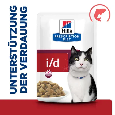 Hill's Prescription Diet i/d, Unterstützung der Verdauung, Abbildung einer Katze und Futterstücken, Fischsymbol oben rechts. Hill's Prescription Diet i/d, Unterstützung der Verdauung, Abbildung einer Katze und Futterstücken, Fischsymbol oben rechts.
