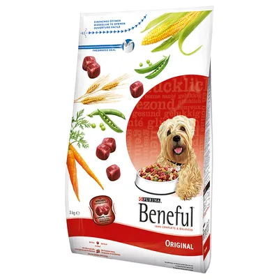 Zak Purina Beneful Original hondenvoer 3 kg met afbeelding van hond, wortels, erwten, maïs, tarwe en brokjes. Tekst: 100% complete & balanced, makkelijk te openen.