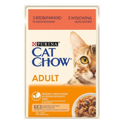Purina Cat Chow Adulto con ternera y berenjenas en gelatina. Sin conservantes artificiales, elaborado con ingredientes naturales.