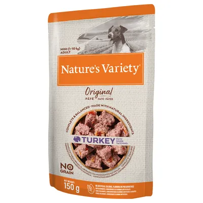 Nature's Variety Original Pâté s krůtou, Mini Adult (1–10 kg), 150 g. Bez obilovin, z přírodních surovin, bez umělých barviv, aromat a konzervantů.