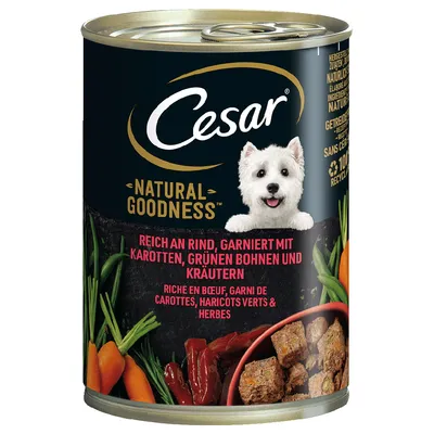 Cesar Natural Goodness, богат говядиной, с морковью, зелёной фасолью и травами. Из натуральных ингредиентов, без зерна, упаковка 100% пригодна для переработки.