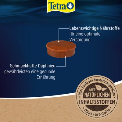 Tetra Futtertablette mit Hinweis auf lebenswichtige Nährstoffe für optimale Versorgung, schmackhafte Daphnien für gesunde Ernährung, ohne Konservierungsstoffe, mit natürlichen Inhaltsstoffen.