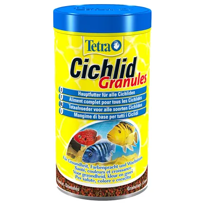 Tetra Cichlid Granules burk med text: Hauptfutter für alle Cichliden, Aliment complet pour tous les Cichlidés, Totaalvoeder voor alle soorten Cichliden, Mangime di base per tutti i Ciclidi.