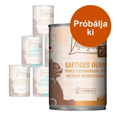 Mjamjam macskaeledel konzerv, látható feliratok: SAFTIGES HUHN, GUTE PUTE, Próbálja ki. Getreidefrei. Német nyelvű szöveg a csomagoláson.
