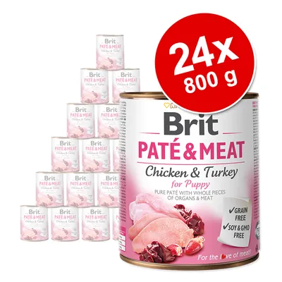 Brit PATÉ & MEAT Chicken & Turkey for Puppy, 24×800 g. Viditeľné texty: grain free, soy & GMO free, pure paté with whole pieces of organs & meat.