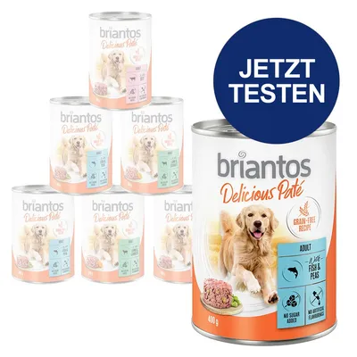 Briantos Delicious Paté, Adult, Grain-Free Recipe, Sorte: Fisch & Erbsen, 400 g Dose. Keine Zuckerzusätze, keine künstlichen Aromen. Jetzt testen.