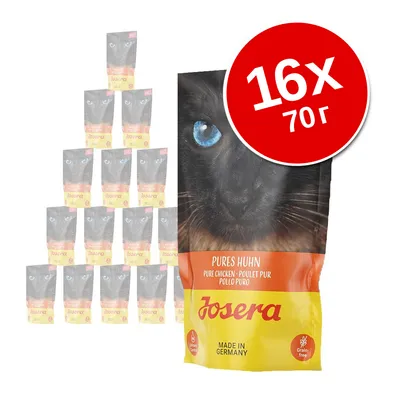Пакетчета Josera Pures Huhn за котки, 16 броя по 70 г. Видими надписи: Pure Chicken, Made in Germany, Grain-free. Пакетчета Josera Pures Huhn за котки, 16 броя по 70 г. Видими надписи: Pure Chicken, Made in Germany, Grain-free.