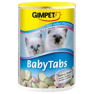 GIMPET BabyTabs, purkki, jossa kaksi kissanpentua, tekstit: 'mit vielen Vitaminen', 'Taurin + L-Carnitin', värillisiä tabletteja kannessa ja etiketissä.