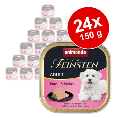 Animonda Vom Feinsten Adult Pute + Schinken, 24x150g. Nassfutter für Hunde mit Abbildung eines weissen Hundes und einer Portion Futter.