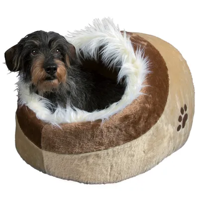 Brown, round pet bed with white faux fur edge and paw motif on the side.