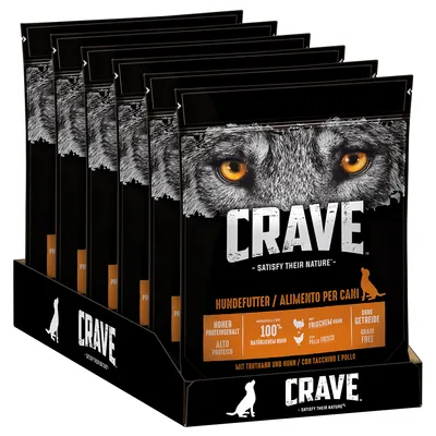 CRAVE hundefoder, synlige poser med teksten 'Hundefutter / Alimento per cani', 'Hohes Proteingehalt', '100% natürlichem Huhn', 'Mit frischem Huhn', 'Ohne Getreide', 'Grain Free'.