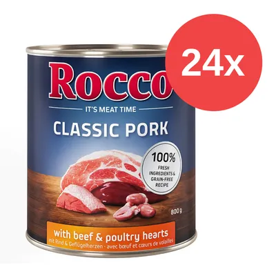 Rocco Classic Pork, mit Rind und Geflügelherzen, 800g Dose, 24x Packung. 100% frische Zutaten, getreidefreie Rezeptur.